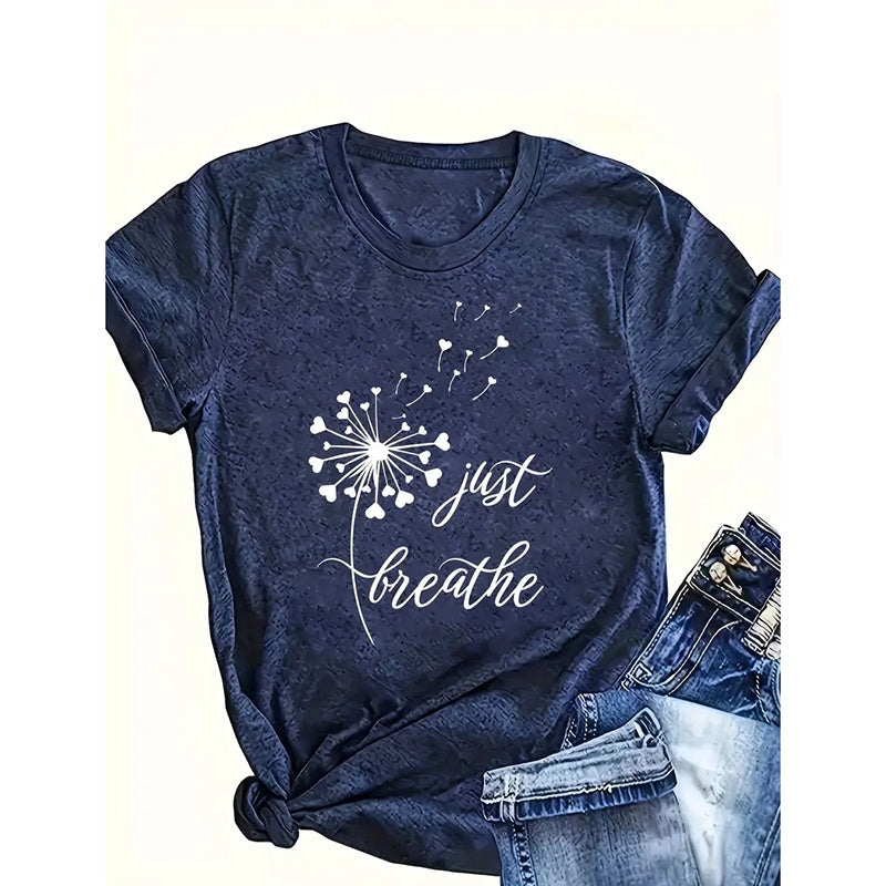 Just Breathe Dandelion T-Shirt For Women Funny Cute V-Neck Shirt Tops