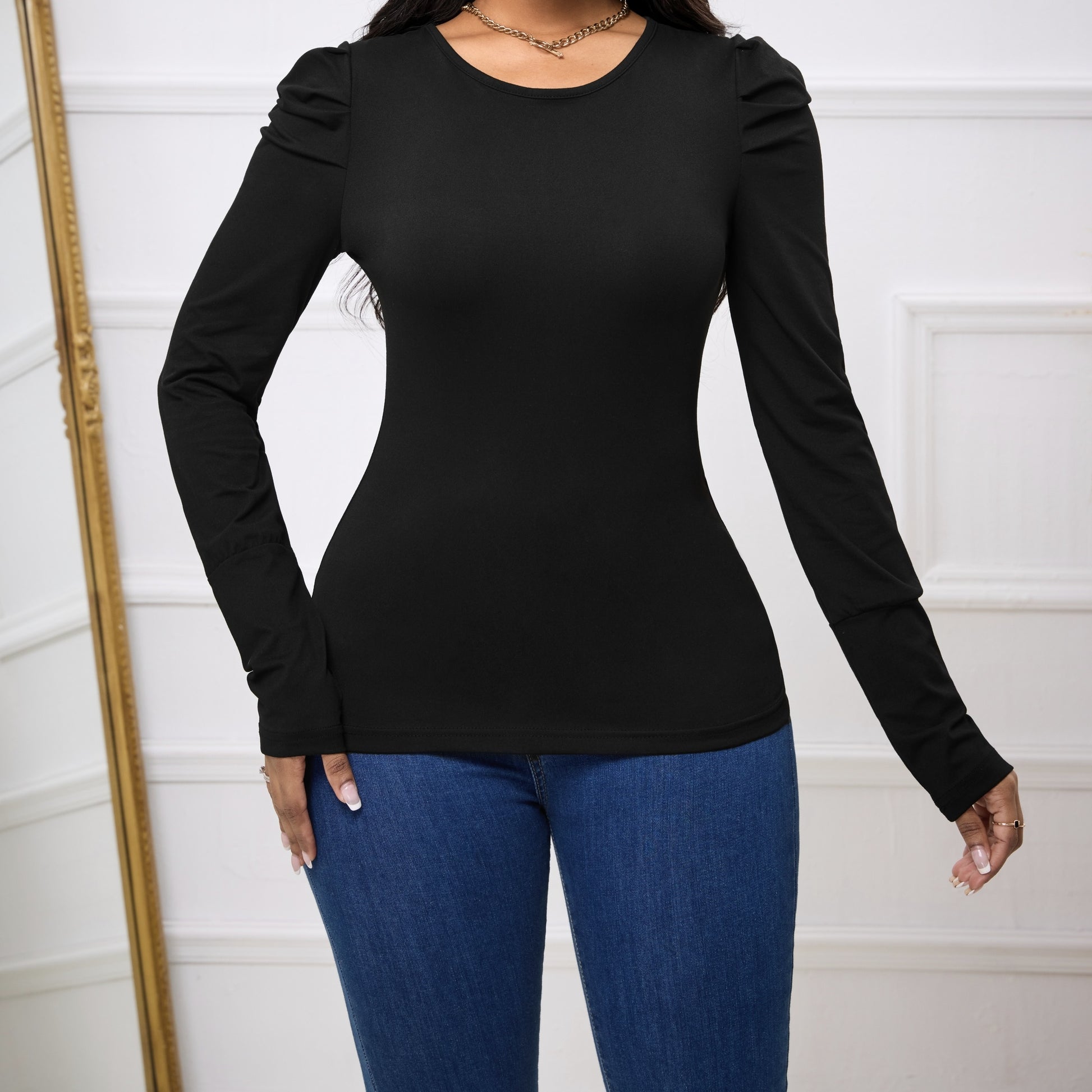 Women's Solid Color Round Neck Bubble Sleeves Slim Fit And Slimming Basic Simple And Versatile Long Sleeved T-shirt