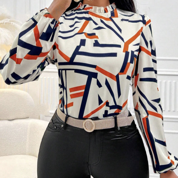 Ladies' Fashionable And Elegant Casual Printed Long Sleeved Shirt Top With Elegant Orientation