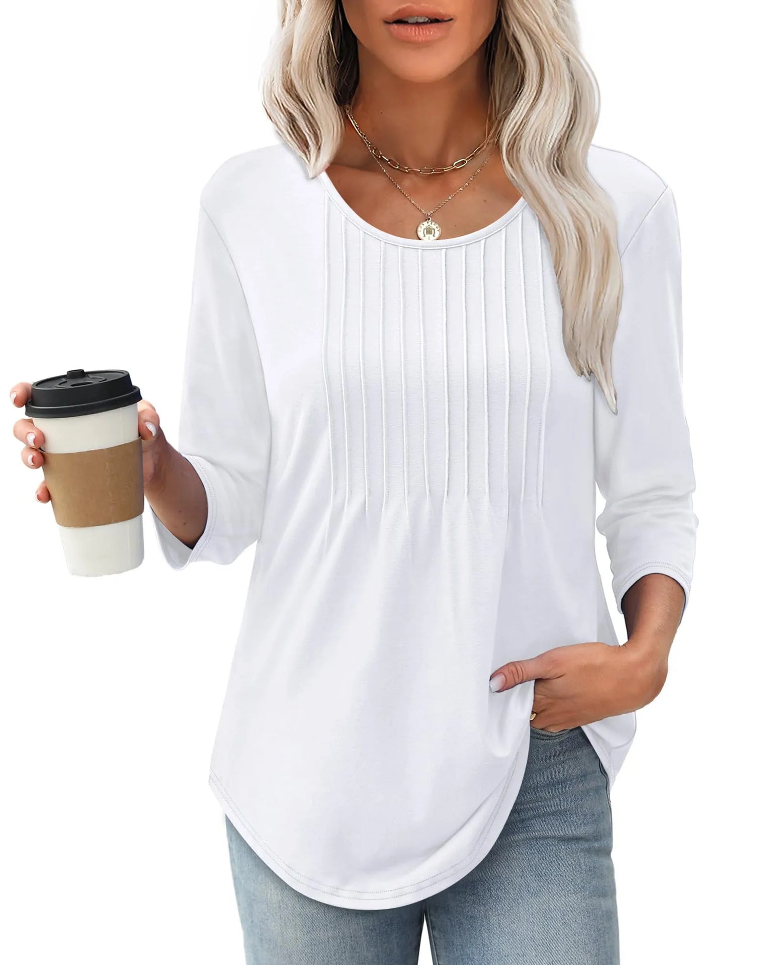 New Women's Long Sleeved Top, Fashionable And Casual Pleated Low Round Neck Women's T-shirt