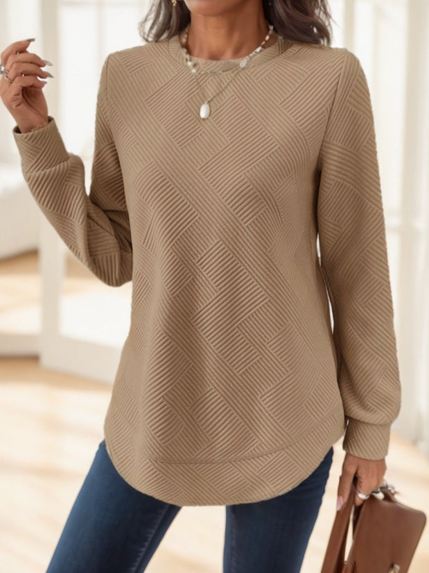 Women Casual Comfortable Waffle-Textured Asymmetrical Hem Crew Neck Sweatshirt