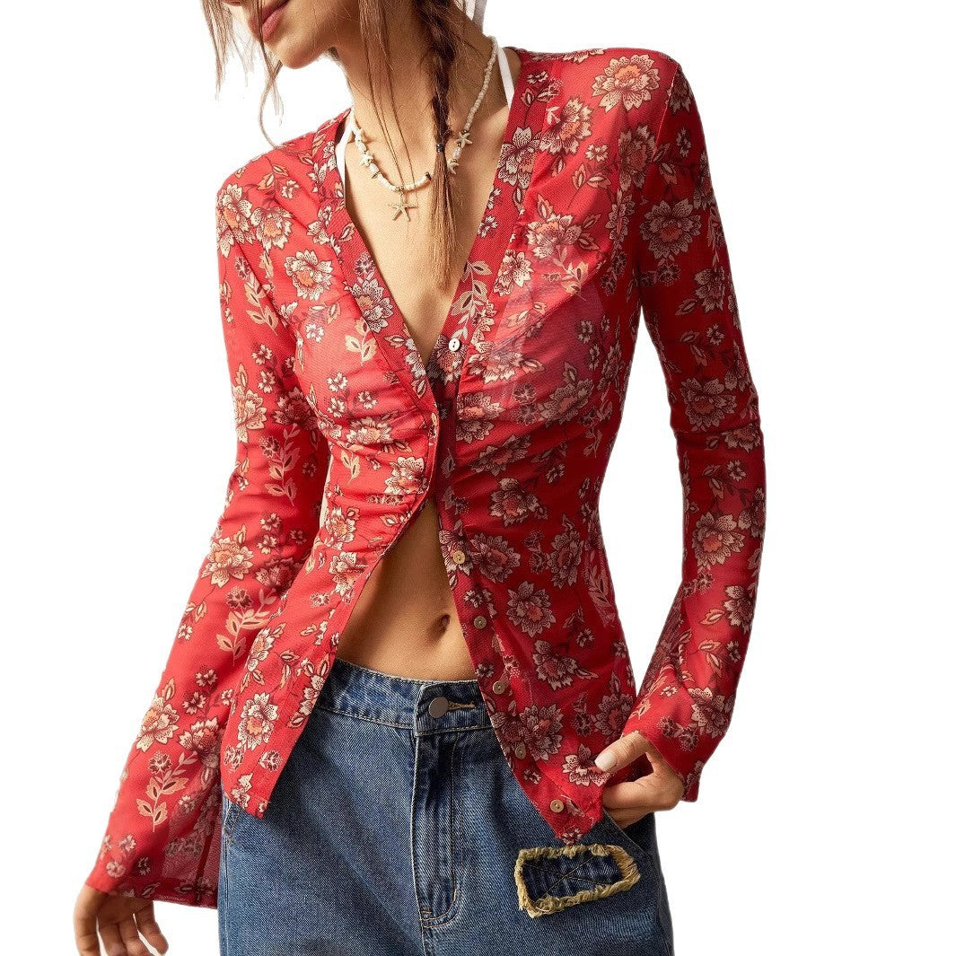 European And American Printed Shirt Women's Slim Fit Slimming Retro Temperament