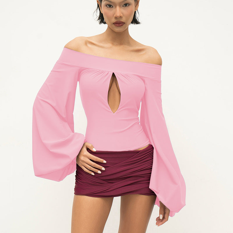 European And American-style Off-neck Lantern Sleeve Hollow-out Top For Women