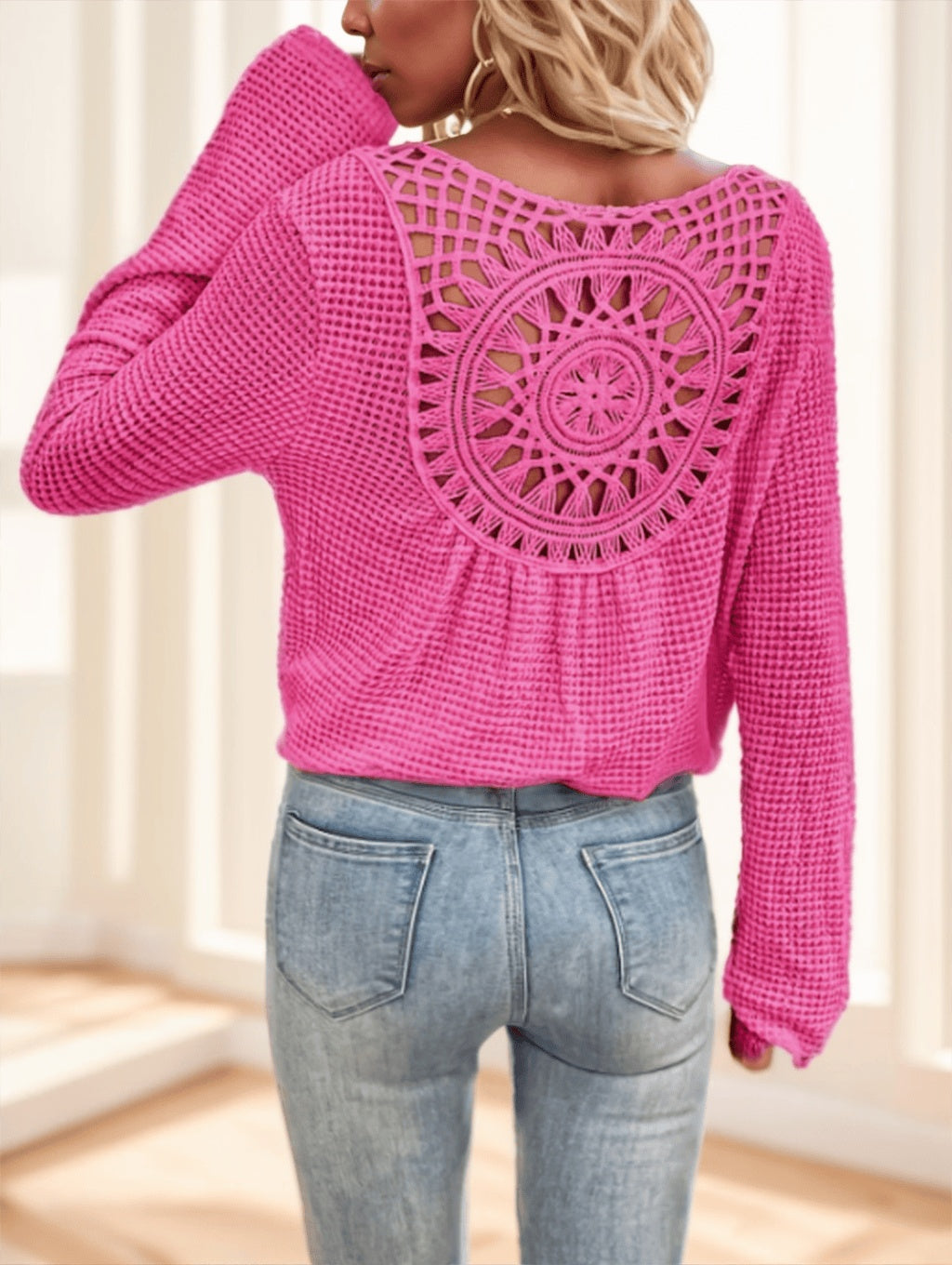 Women'S Elegant V-Neck Long Sleeve T-Shirt With Contrast Lace Detail