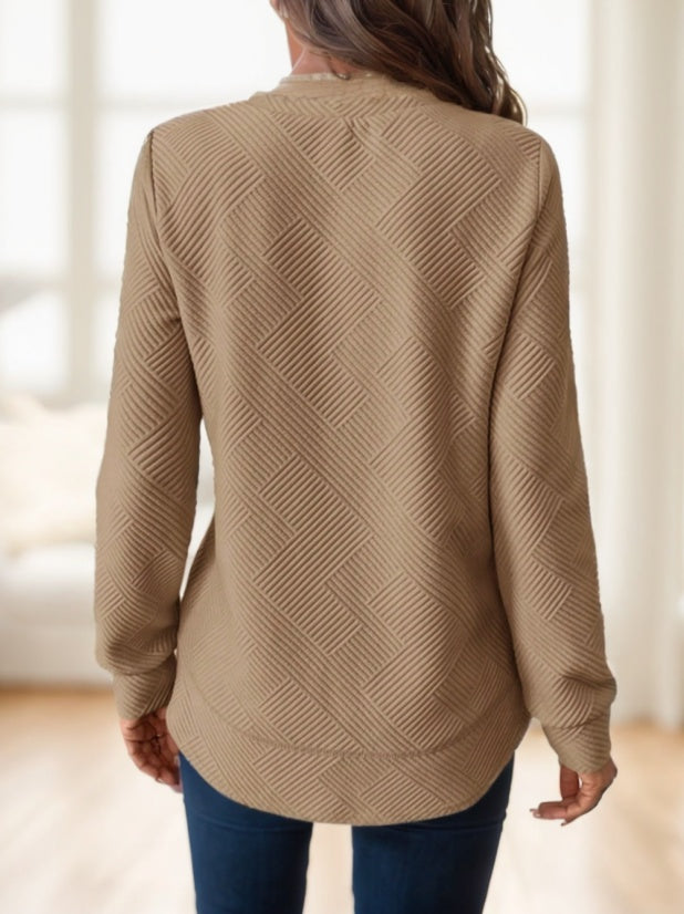 Women Casual Comfortable Waffle-Textured Asymmetrical Hem Crew Neck Sweatshirt