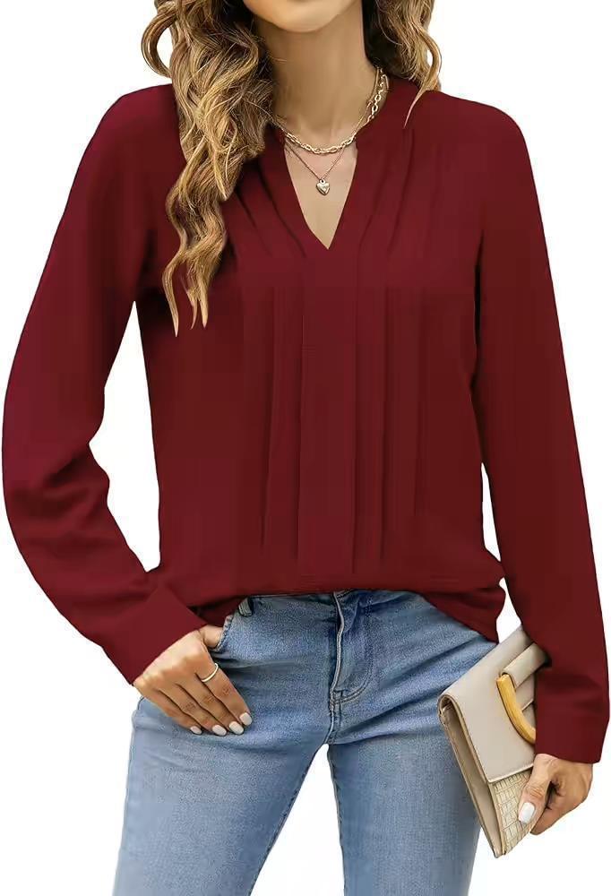 Temperament Commute Long Sleeve Solid Color Sweet Top Women's V-neck Design