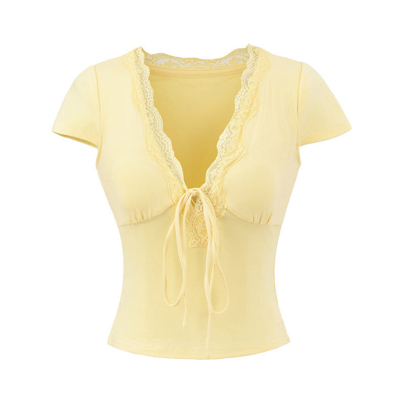 European And American Style Slim Chest Pad Lace V-neck Short Sleeve