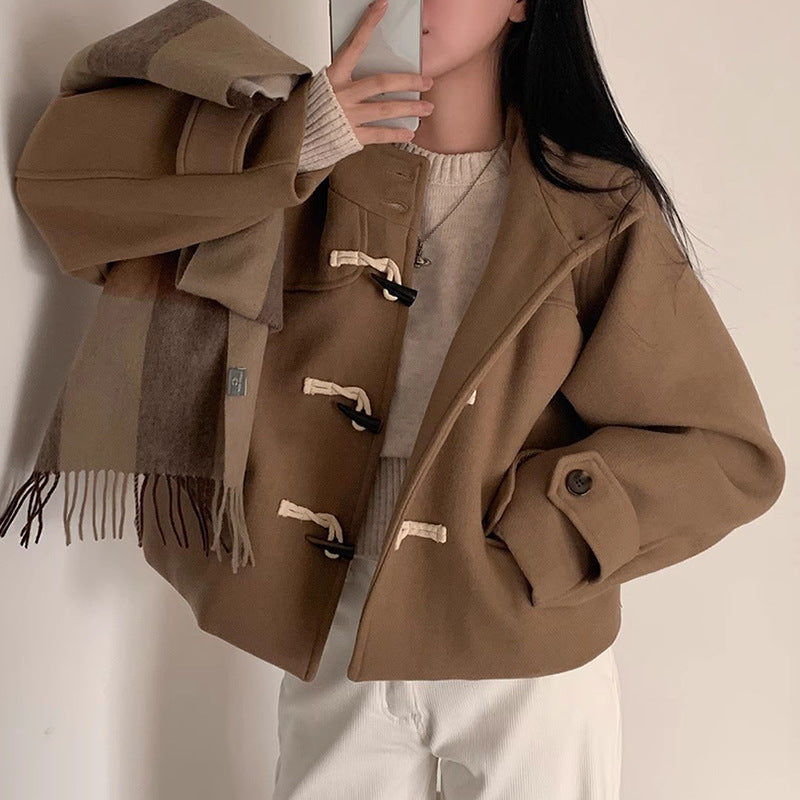 All-matching Short Hooded Long-sleeved Woolen Coat Women
