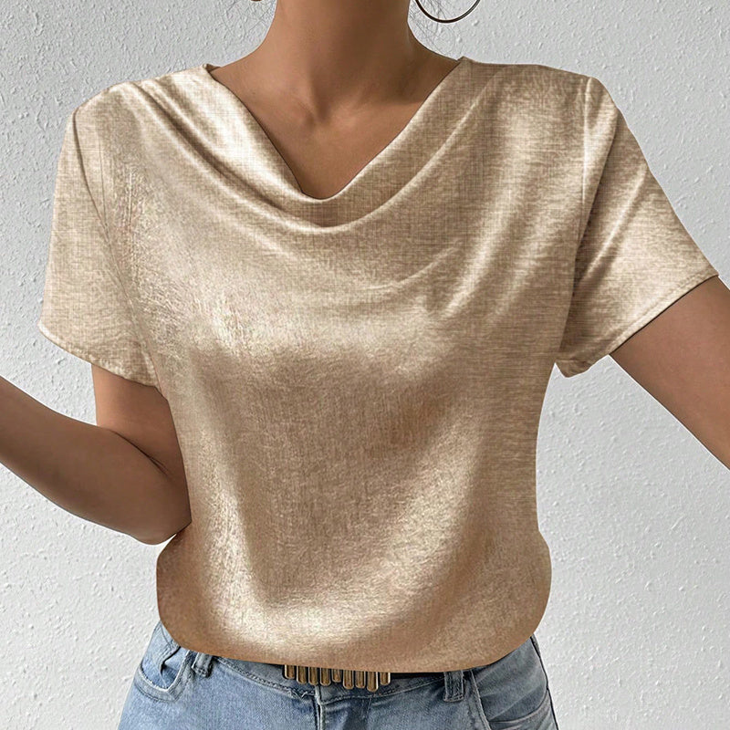 Women's Cowl Neck Short Sleeve Top, Solid Color Loose Fit Summer Office Casual Shirt