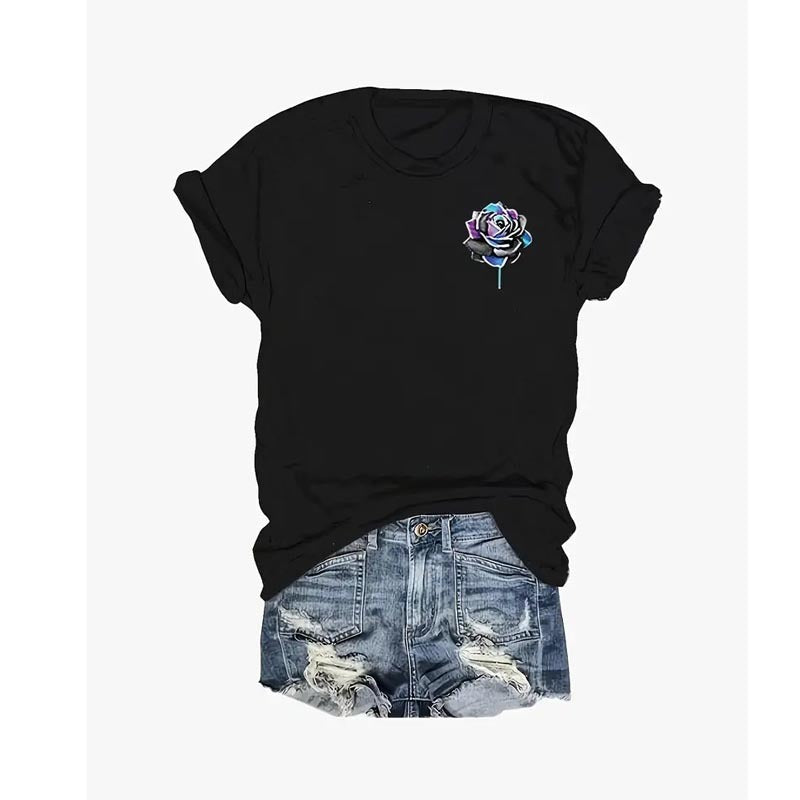 Women's Crew Neck Rose & Letter Print T-Shirt Casual Short Sleeve Summer Top