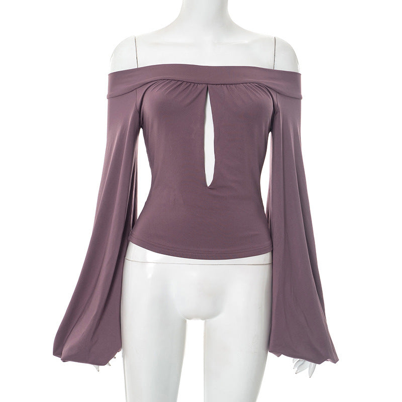 European And American-style Off-neck Lantern Sleeve Hollow-out Top For Women