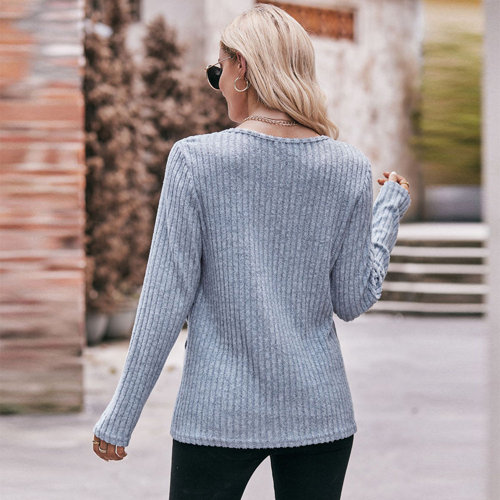 Fast Fashion Simplicity Round Neck Solid Color Buttons Crossover Design Regular Sleeve Knit Tops