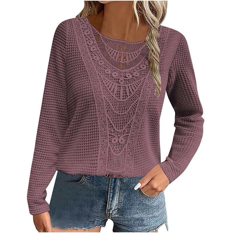 Women's Lace Trim Round Collar Long Sleeves T-Shirt, Breathable Stretch Casual Top For Spring Autumn Blouse & Daily Chic