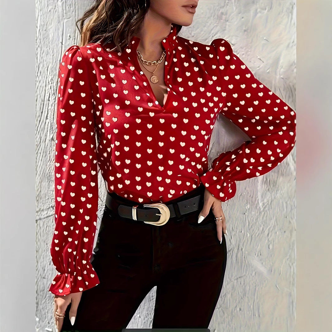 Women's Stand Collar Heart Shape Printed Shirt