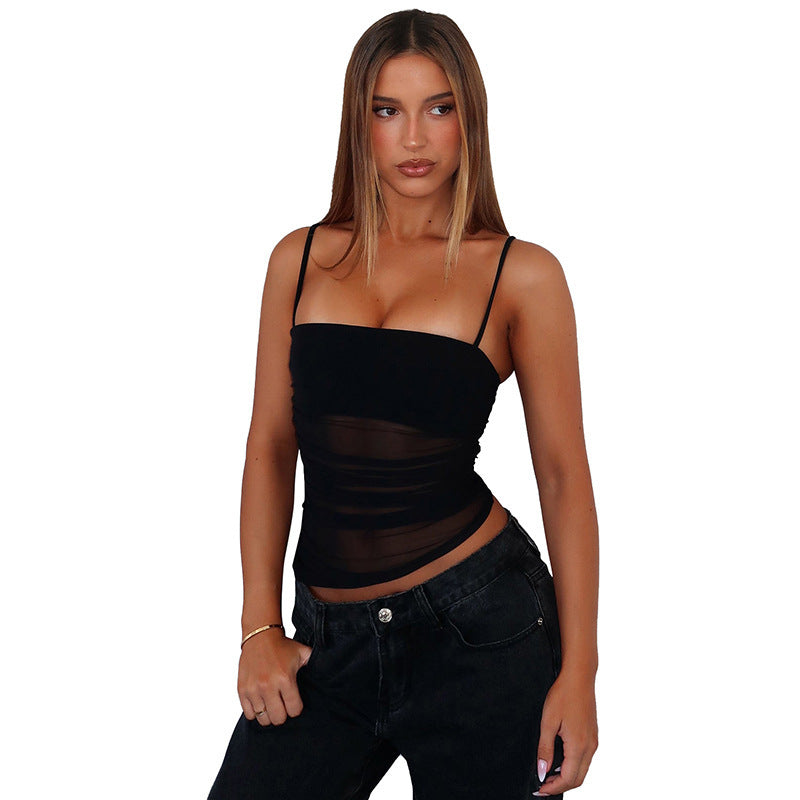 Women's Clothing Mesh Pleats Slim-fitting Suspenders Vest