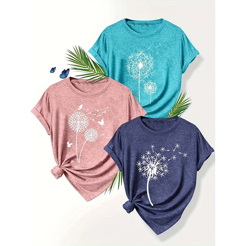 Women's 3 Pack Cute Floral Graphic Tees Short Sleeve Casual Tee Tops Crewneck T Shirts