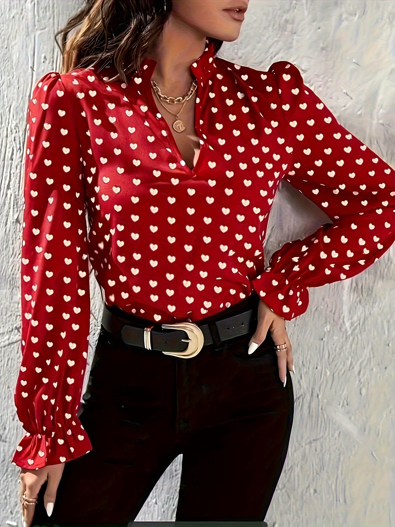 Women's Stand Collar Heart Shape Printed Shirt
