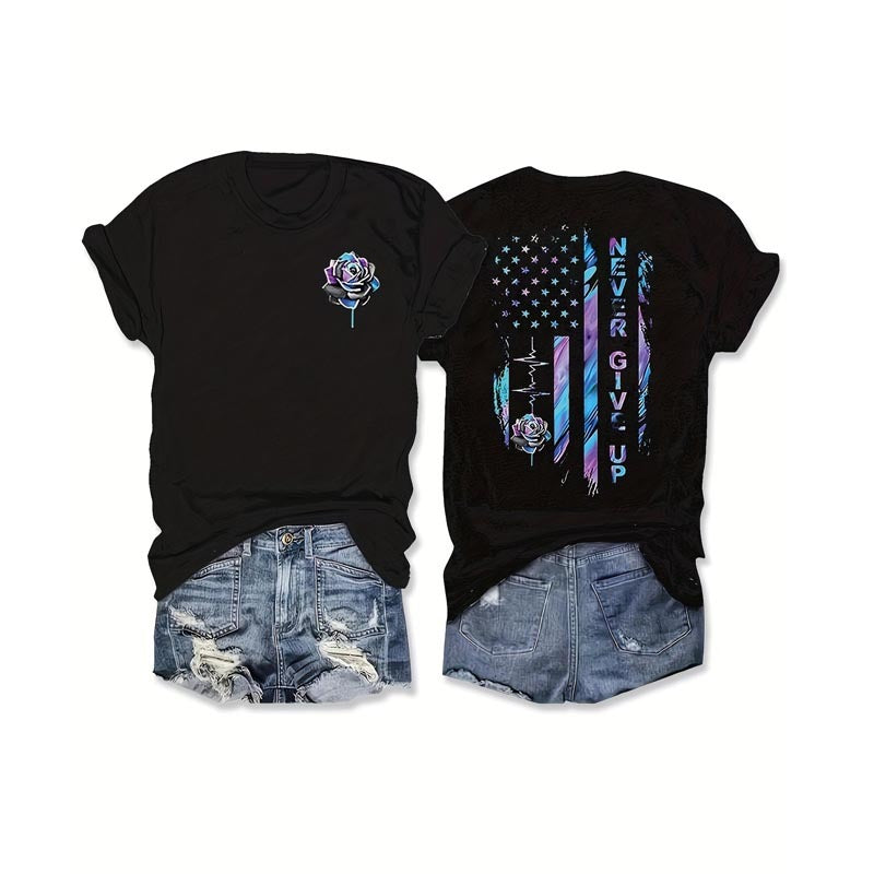 Women's Crew Neck Rose & Letter Print T-Shirt Casual Short Sleeve Summer Top