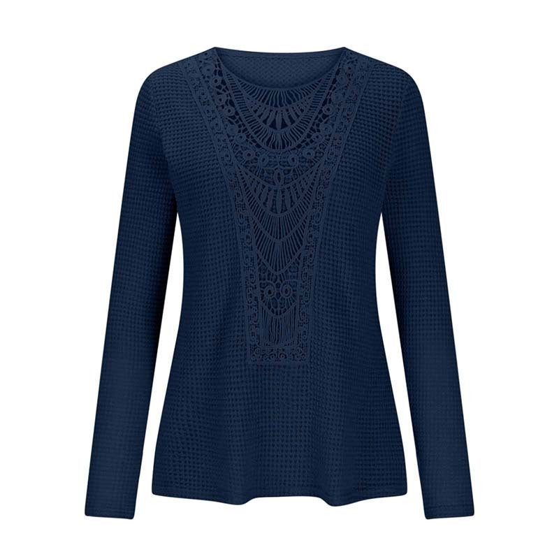 Women's Lace Trim Round Collar Long Sleeves T-Shirt, Breathable Stretch Casual Top For Spring Autumn Blouse & Daily Chic