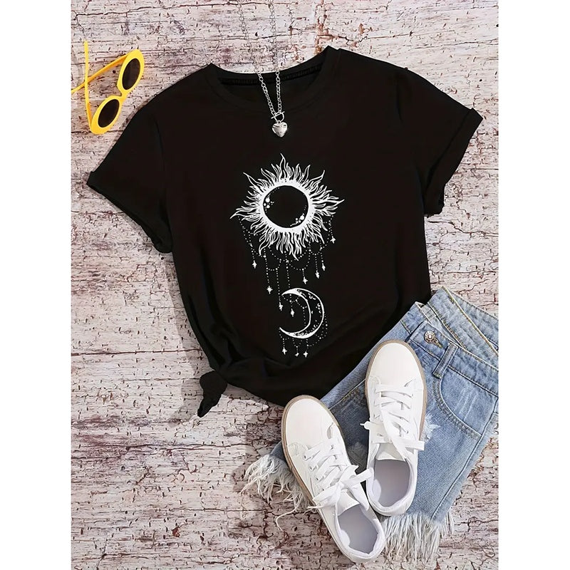 Womens Crew Neck T-Shirts Vintage Graphic Tees Sun And Moon Short Sleeve Vacation Funny Tee Tops