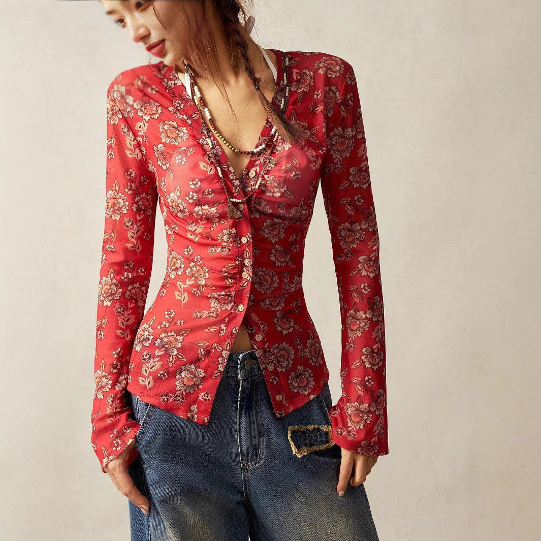 European And American Printed Shirt Women's Slim Fit Slimming Retro Temperament