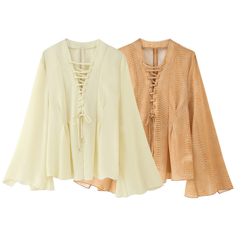 Solid Color Wide Sleeve Lace-up Decorative Chiffon Top