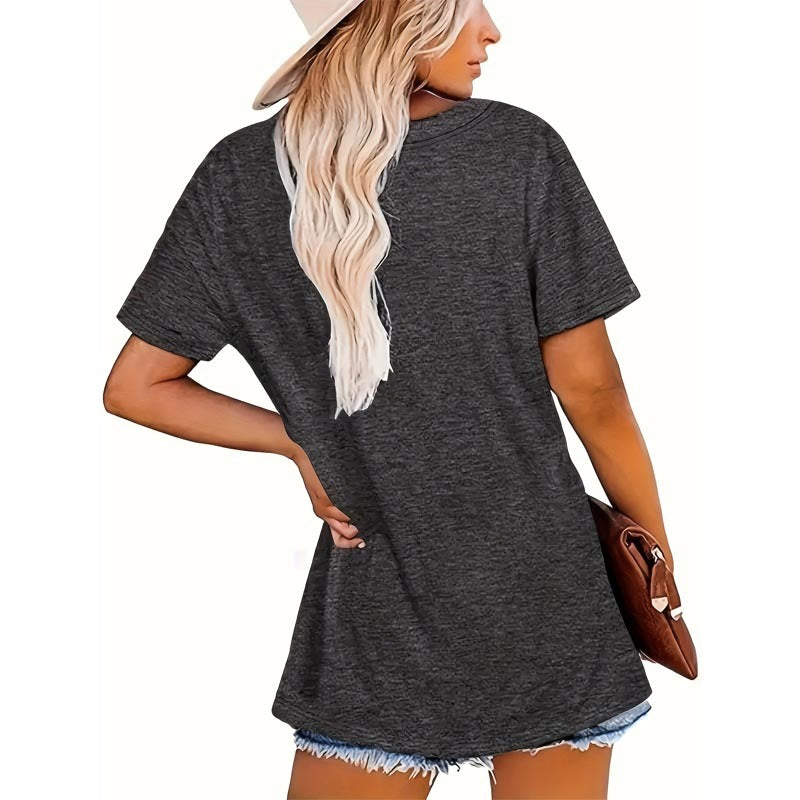 Women's Round Neck Feather & Letter Print T-Shirt Casual Short Sleeve Summer Top