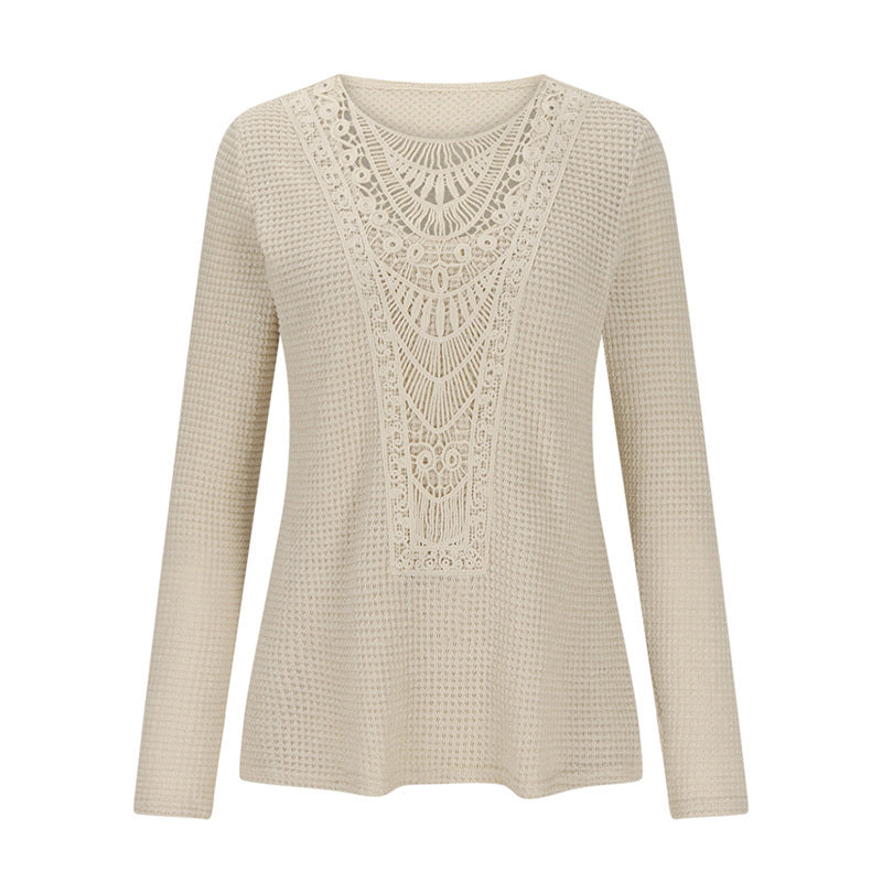 Women's Lace Trim Round Collar Long Sleeves T-Shirt, Breathable Stretch Casual Top For Spring Autumn Blouse & Daily Chic