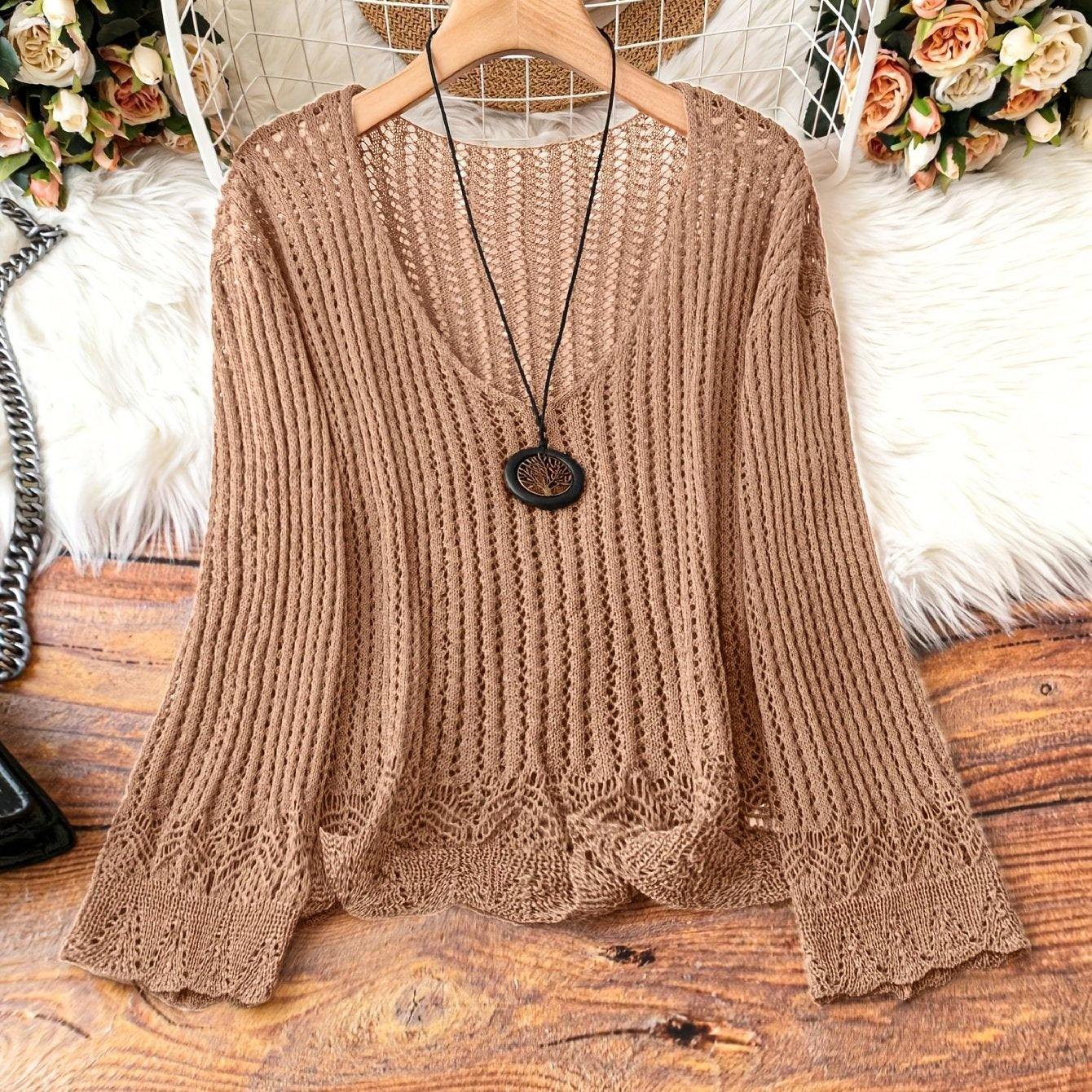 Hollow-out Spring And Summer Long Sleeves Knitted V-neck Plus Size Women's Long-sleeved Sweater