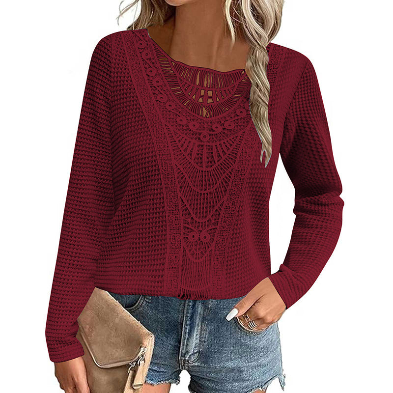 Women's Lace Trim Round Collar Long Sleeves T-Shirt, Breathable Stretch Casual Top For Spring Autumn Blouse & Daily Chic