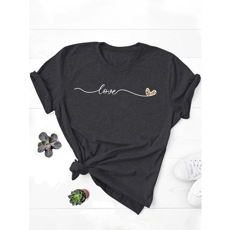 Women's Love & Heart Print Short Sleeve T-Shirt Casual Round Neck Summer Top