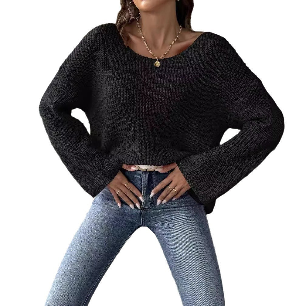 Women's Simple Loose Off Shoulder Off-the-shoulder Flared Sleeves Sweater