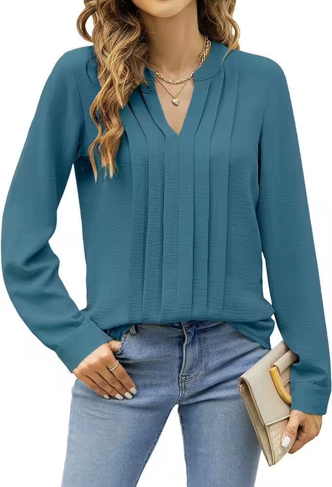 Temperament Commute Long Sleeve Solid Color Sweet Top Women's V-neck Design