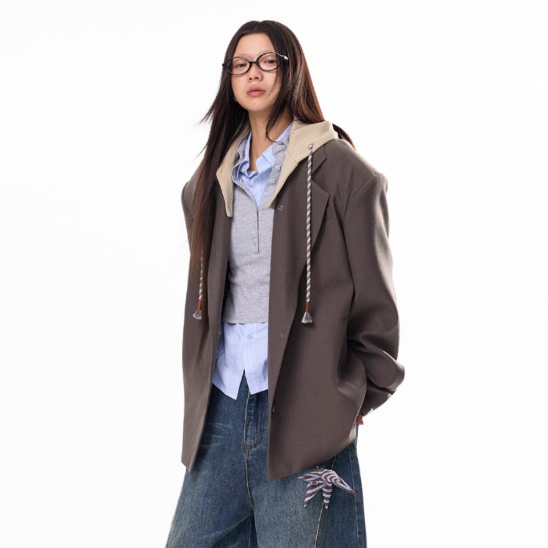 Hooded Patchwork Boyfriend Style Suit Jacket For Women