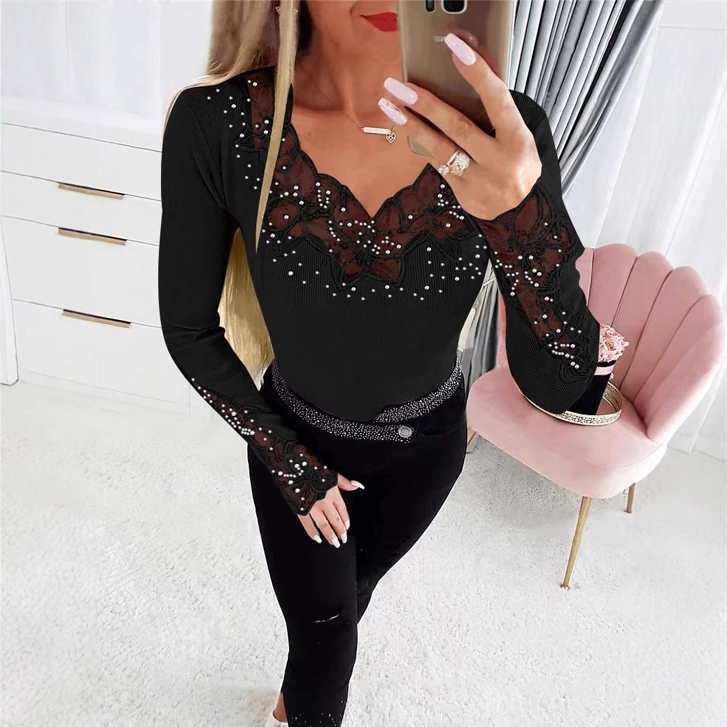 Solid Color Neckline And Cuff Stitching Lace Hot