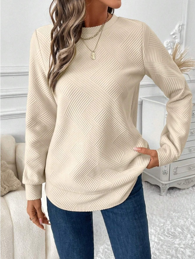 Women Casual Comfortable Waffle-Textured Asymmetrical Hem Crew Neck Sweatshirt