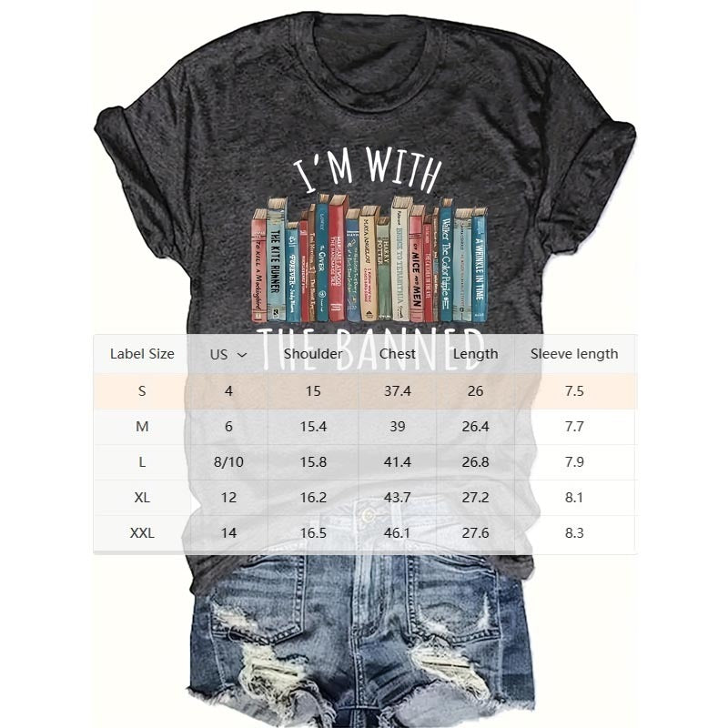 Women's Casual T-Shirt With 'I'M With THE BANNED' Letter & Book Print Round Neck For Summer