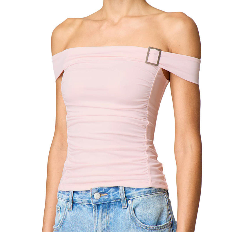 Solid Color Off-neck Pleated Slim Vest T-shirt