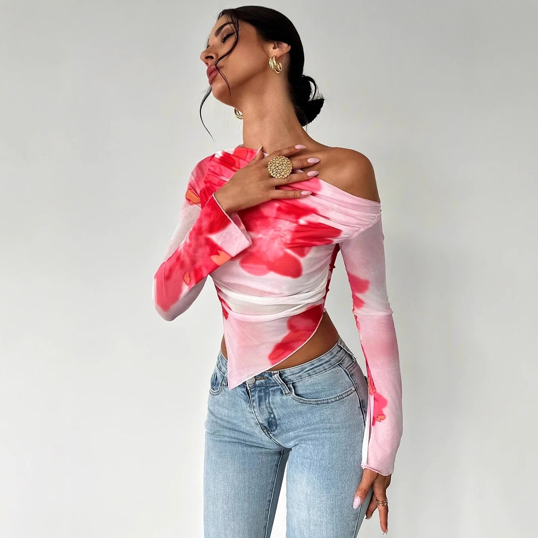 Women's Tie-dye Gradient Floral Mesh Floral Print Top