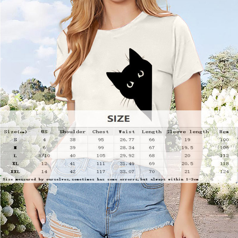 Women's Black Cat Print Round Neck T-Shirt - Cute Casual Short Sleeve Summer Top