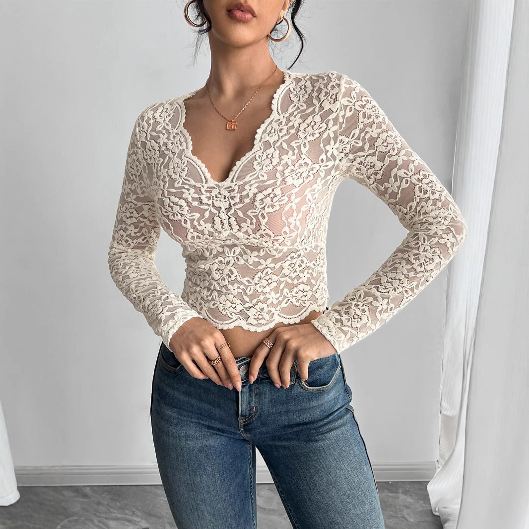 Solid Color Sexy Lace V-neck Long Sleeve T-shirt