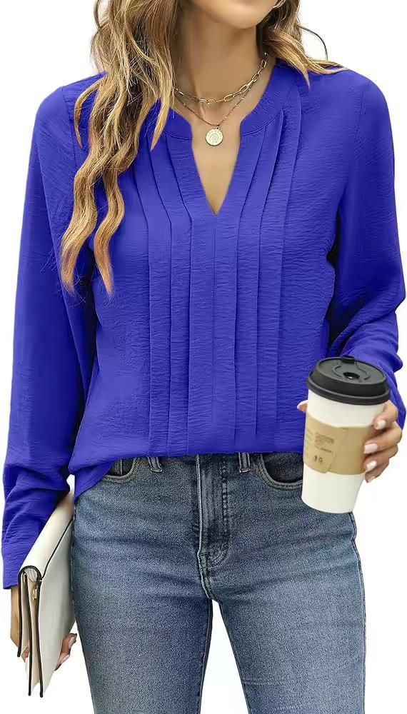 Temperament Commute Long Sleeve Solid Color Sweet Top Women's V-neck Design