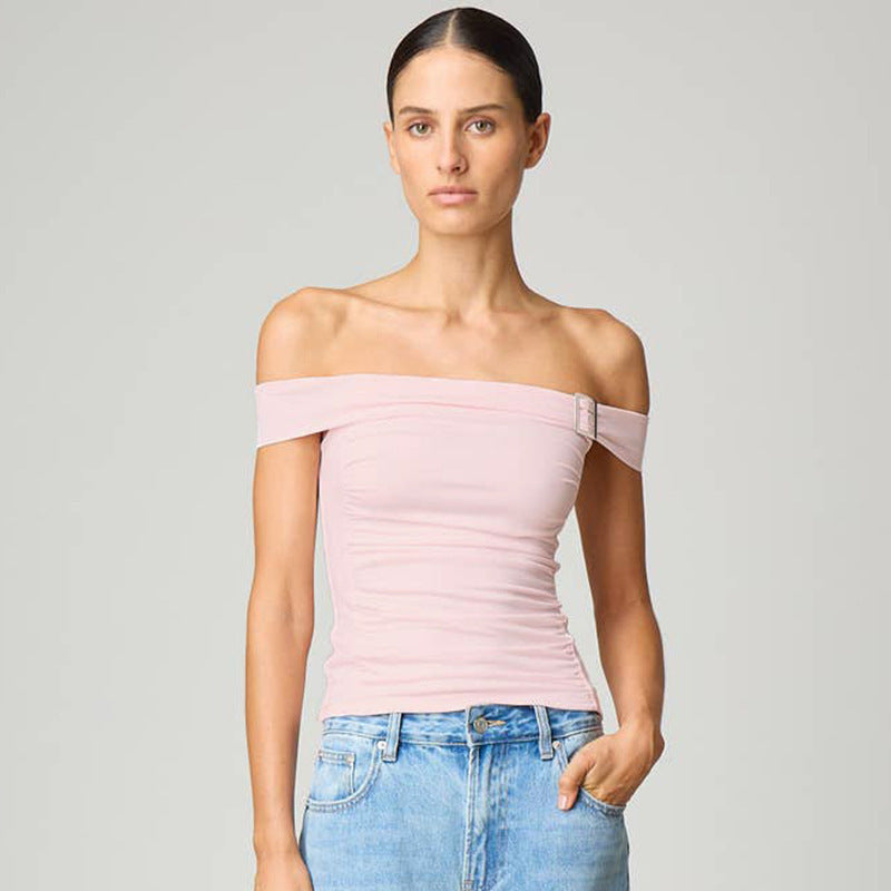 Solid Color Off-neck Pleated Slim Vest T-shirt