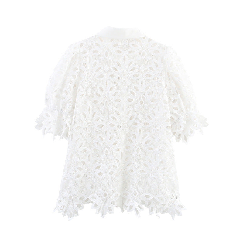 European And American Style Solid Color Water-soluble Embroidery Lapel Puff Sleeve Short Sleeve