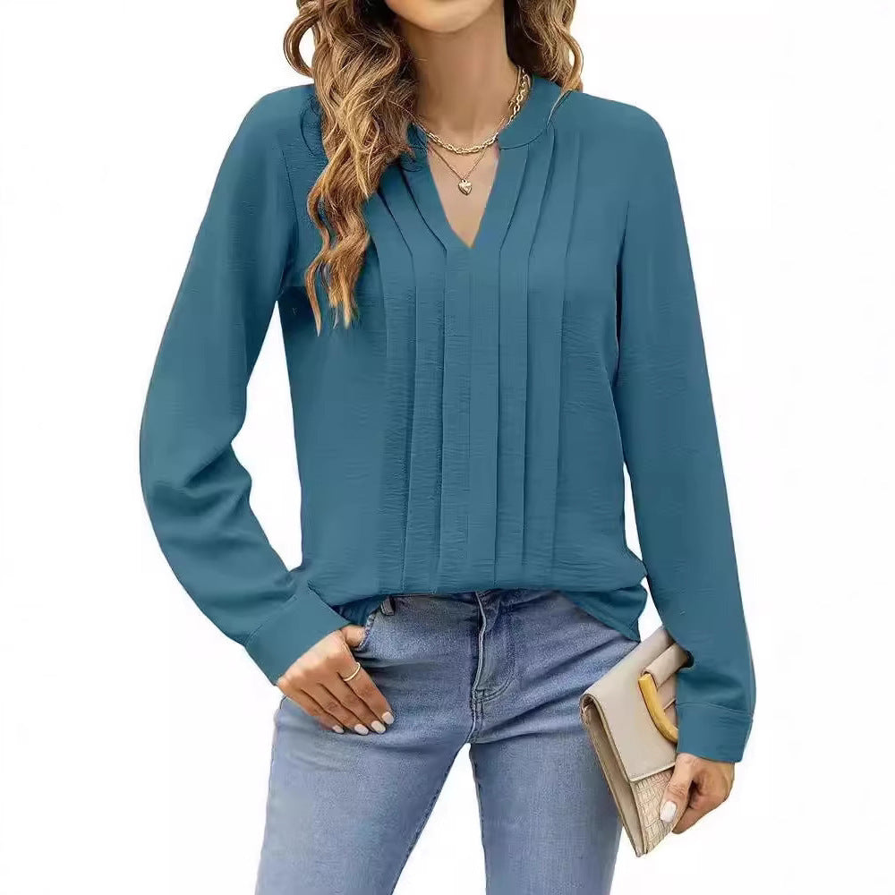 Temperament Commute Long Sleeve Solid Color Sweet Top Women's V-neck Design