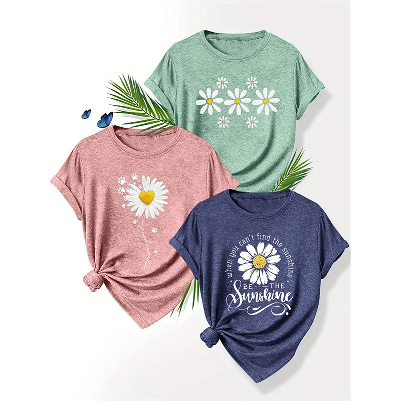 Women's 3 Pack Cute Floral Graphic Tees Short Sleeve Casual Tee Tops Crewneck T Shirts