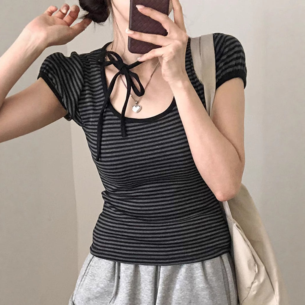 American Striped Round Neck Tied Short Sleeve
