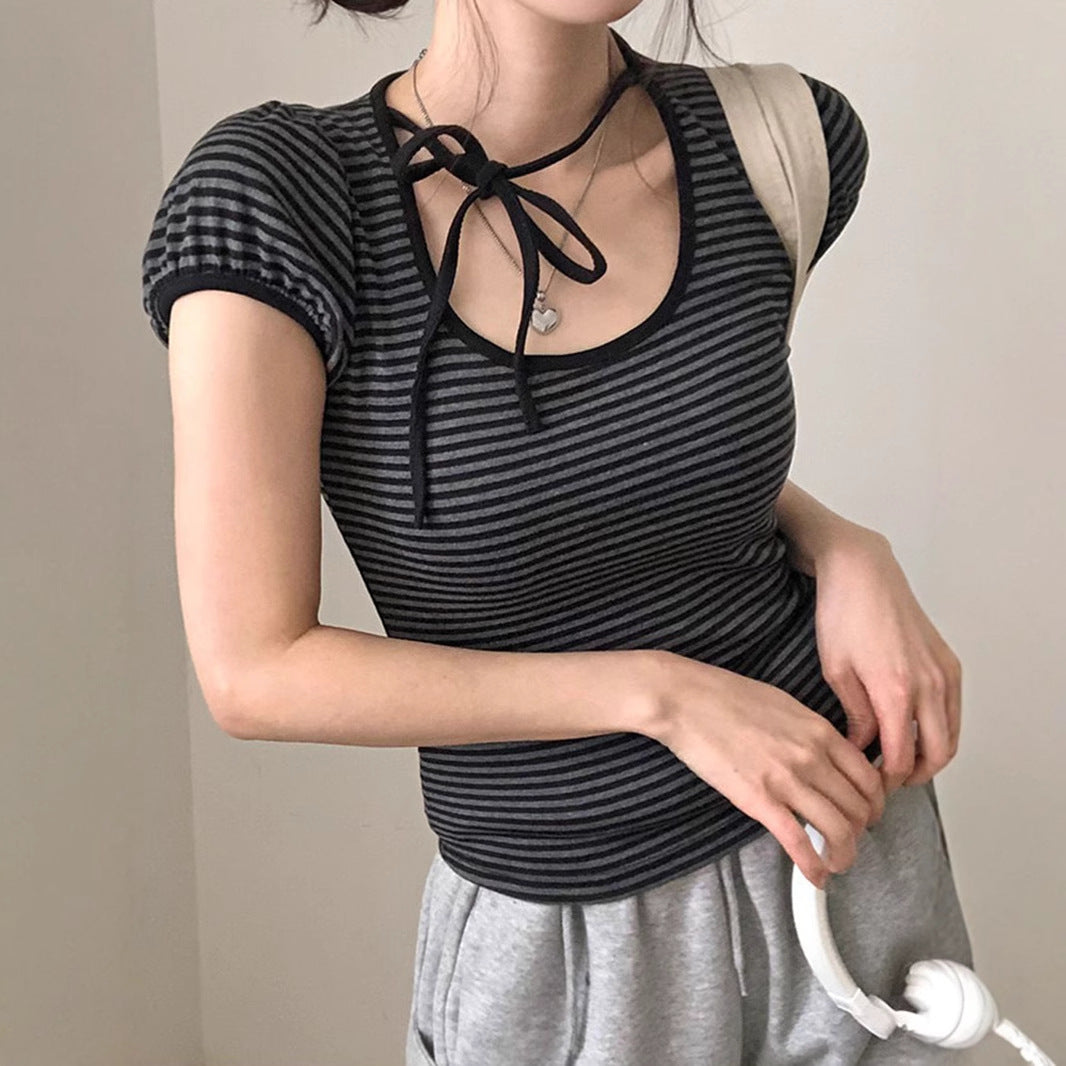 American Striped Round Neck Tied Short Sleeve
