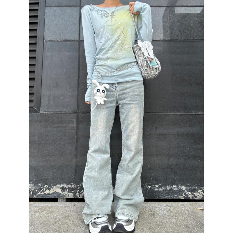 Heart KEWPIE Rhinestone Long Sleeve Slim Fit Slimming Top