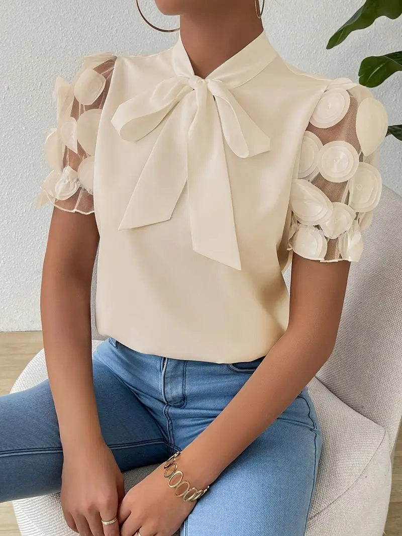 Summer Pure Color Tied Bow Short Sleeve Shirt For Women